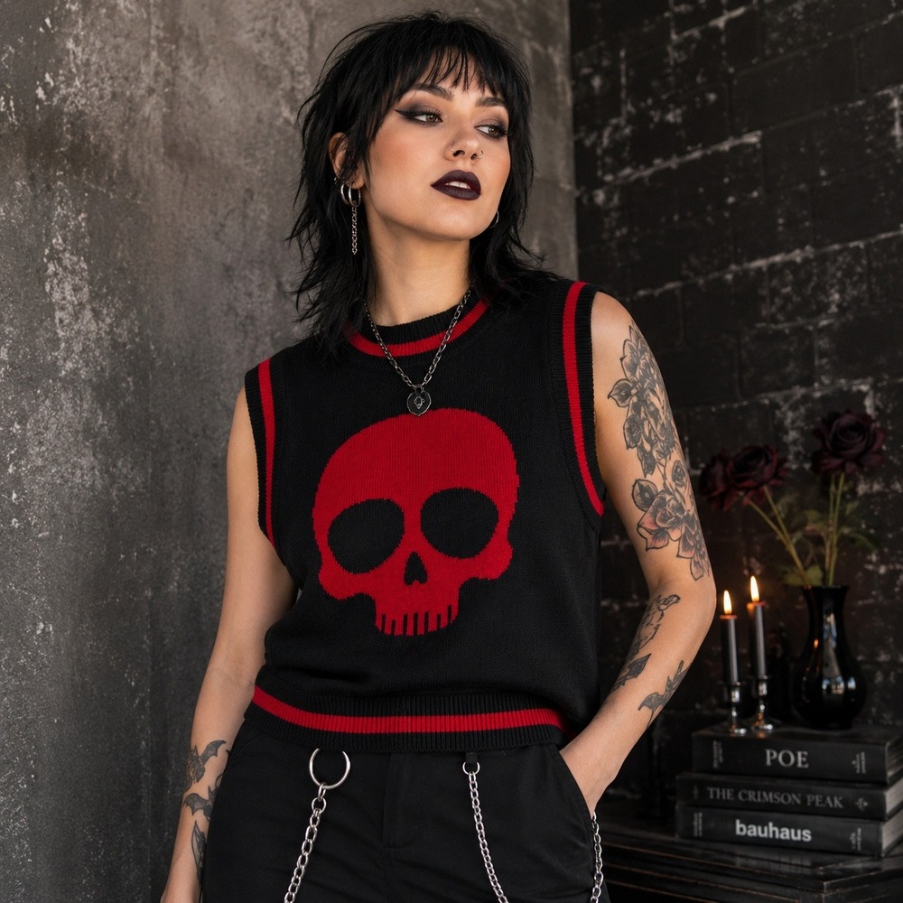 Hot Topic Womens Skull Sweater Vest Sz M Black Red Goth Punk Emo Y2K Grunge Alt